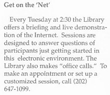 1997 advertisement in State Magazine by the US State Department Library for sessions introducing the then-unfamiliar Web Get on the 'Net', State Magazine 1997-03- Iss 403 (IA sim state-magazine 1997-03 403) (page 62 crop).jpg