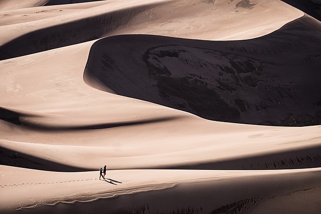 Hikers traversing a dune at the park