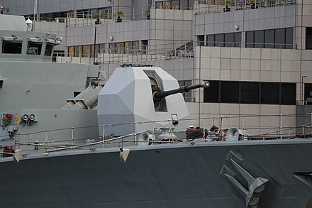 The GRP gunhouse is a common feature on modern naval gun turrets, this example being on the frigate HMS Northumberland.