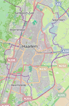 Mapa konturowa Haarlemu, blisko centrum na prawo znajduje się punkt z opisem „Teylers Museum”