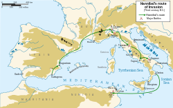 Une carte de la région de la Méditerranée occidentale montrant la route d'Hannibal de la péninsule ibérique à l'Italie