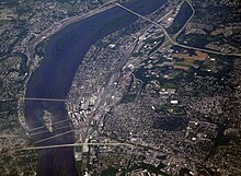 An aerial view of Harrisburg Harrisburg, Pennsylvania, on the Susquehanna River.jpg