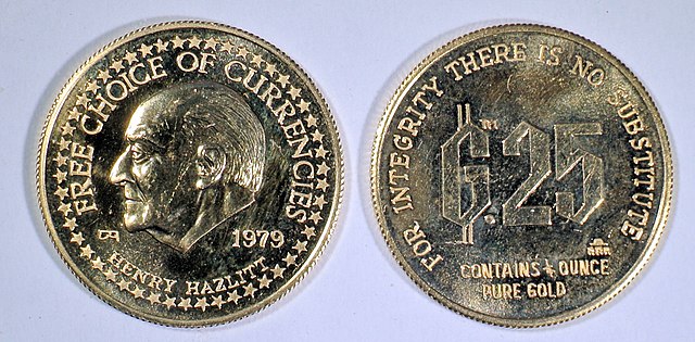 A gold token minted in 1979 by the American Pacific Mint to promote Hazlitt's libertarian stance on monetary policy. 3,180 tokens were produced