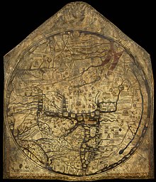 The Hereford Mappa Mundi, Hereford Cathedral, England, c. 1300, a classic "T-O" map with Jerusalem at the center, east toward the top, Europe the bottom left and Africa on the right Hereford-Karte.jpg