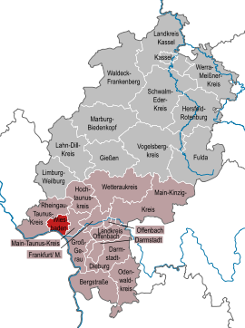 Poloha mesta Wiesbaden v rámci spolkovej krajiny Hesensko