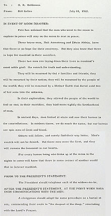 William Safire memo to H. R. Haldeman to be used in the event that Apollo 11 ended in disaster. In the event of moon disaster.jpg