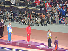 Javelin throw men's medal ceremony, Antti Ruuskanen in second place JT victory ceremony London 2012.JPG