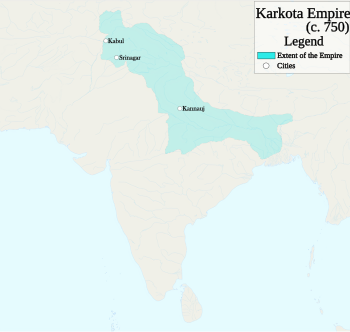 The Karkota Dynasty at its greatest extent c. 750, under Lalitaditya Muktapida