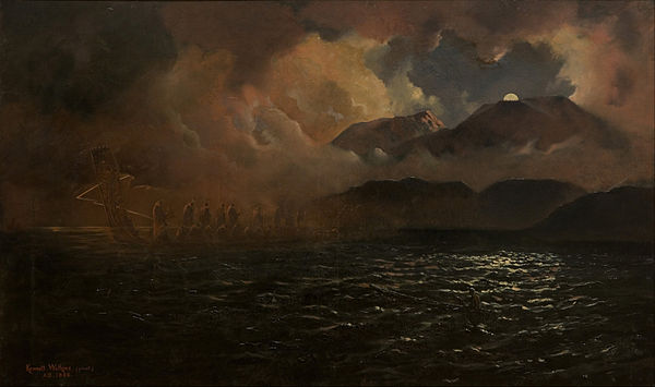 The Phantom Canoe: A Legend of Lake Tarawera, oil on canvas by Kennett Watkins