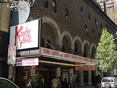 Kinky Boots on the marquee of the Al Hirschfeld Theatre