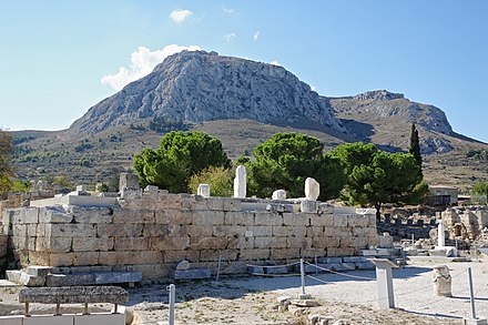 View of Acrocorinth, the acropolis of Ancient Corinth, as seen from the excavation area near the temple of Apollo