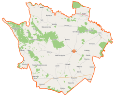 Mapa konturowa gminy Korytnica, blisko centrum na prawo znajduje się punkt z opisem „Korytnica”