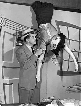 Kovacs on Three to Get Ready in 1951 with Gertrude, who was donated after Kovacs asked his viewers to bring things they no longer wanted to the WPTZ-TV lobby. Kovacs 3 to get ready 1951.JPG