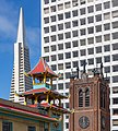 Old St. Mary’s Cathedral, Trademark Pagoda Tower, and Transamerica Pyramid as seen from California Street in San Francisco.