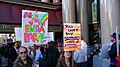 Colorful signs, protestors in various states