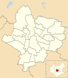 Mapa konturowa Leicesteru, blisko centrum na dole znajduje się punkt z opisem „University of Leicester”