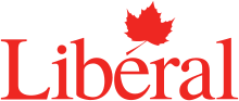 The Liberal Party logo used from 2010 to 2014. In this and the subsequent logo, the stem of the maple leaf forms an acute accent, used in the word Liberal in French Liberale Partei Kanadas Logo.svg
