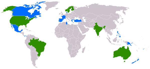 Kaart van de landen waarin “The Phantom” wordt uitgegeven. Groene landen hebben reguliere Phantom publicaties. Blauwe drukken de dagelijkse en zondagstrips af in kranten.