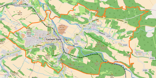 Mapa konturowa Lwówka Śląskiego, u góry nieco na prawo znajduje się punkt z opisem „ulica Złotoryjska”