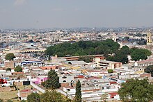 Overlooking the main plaza of San Pedro and the city from the Cholula Pyramid