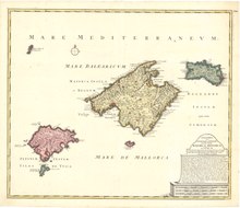 Latin map of the Balearic Islands, with the eastern islands named Gymnesiæ.