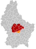 Комуна Лоренцвайлер (помаранчевий), кантон Мерш (темно-червоний) та округ Люксембург (темно-сірий) на карті Люксембургу