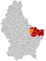 Комуна Вальдбілліг (помаранчевий), кантон Ехтернах (темно-червоний) та округ Гревенмахер (темно-сірий) на карті Люксембургу