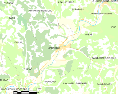 Carte de Montignac et des communes avoisinantes en 2018, avant la création de la commune nouvelle de Coly-Saint-Amand.