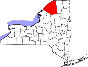 Location of St. Lawrence County in New York Map of New York highlighting St. Lawrence County.svg