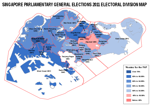 Vote share won by the ruling People's Action Party by constituency. There was no contest in Tanjong Pagar Group Representation Constituency as there was a walkover. Map of the PAP's vote share in the Singaporean general election 2011.svg