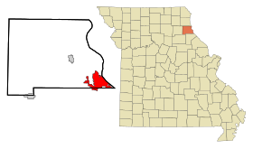 Marion County Missouri Incorporated and Unincorporated areas Hannibal Highlighted.svg