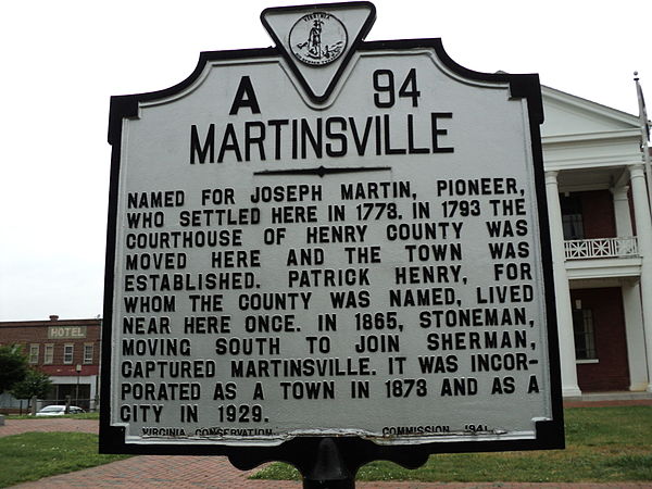 Historic marker for Martinsville, Virginia, named for Joseph Martin