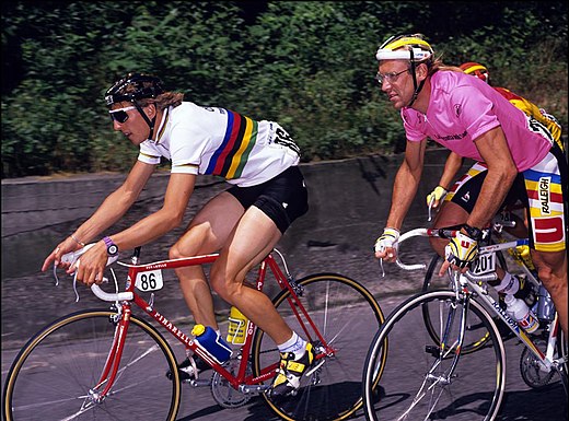 Maurizio Fondriest et Fignon (en maillot rose) lors du Tour d'Italie 1989.