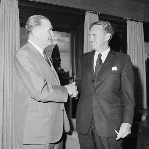 Prime Minister John McEwen with John Gorton on 9 January 1968. The following day, Gorton was sworn in as prime minister, and McEwen became the inaugur