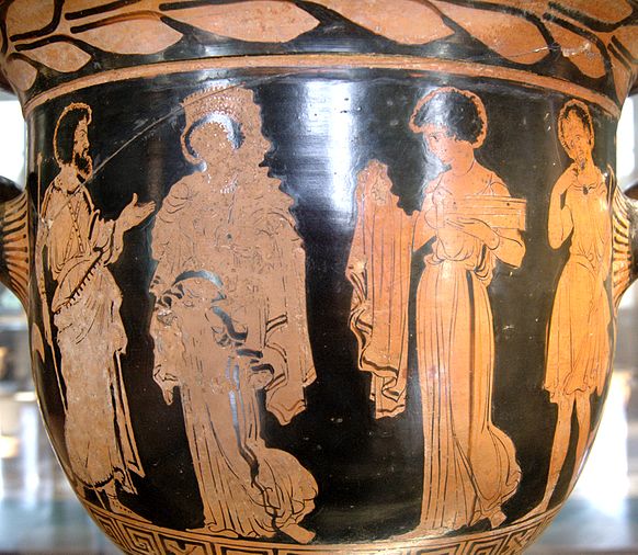 Presents from Medea to Creusa from a Lucanian red-figure bell-krater, ca. 390 BC. From Apulia. (Louvre Museum, Paris) Medeia Kreousa Louvre CA2193.jpg