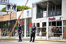 Damaged stores on Melrose Avenue in Los Angeles on May 31