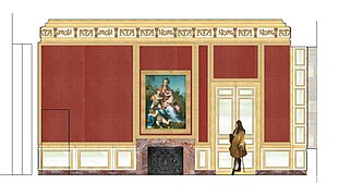 Coupe de la paroi est de la chambre de Louis XIV à Meudon, vers 1700, avec la Charité d'Andrea del Sarto.