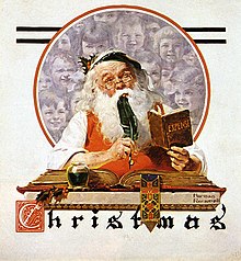 Dessin du Père Noël réfléchissant au-dessus d'un gros livre.