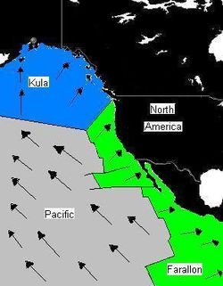 Plate distribution 55 million years ago. Arrows represent direction of subduction along North America. North America subduction1.jpg