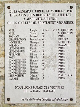 Plaque à la mémoire des enfants déportés du 67 rue Édouard-Nortier.