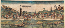 Depiction of Vienna in the Nuremberg Chronicle, 1493 Nuremberg chronicles f 098v99r 1.png