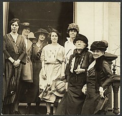 National Woman's Party meeting in Washington, D.C. May 1922 (Left to right: Alice Paul, Sue White, Florence Boeckel, Anita Pollitzer (center, holding hat), Mary Winsor, Sophie G. Meredith, and Evelyn Wotherspoon Wainwright)