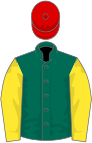 Dark green, yellow sleeves, red cap