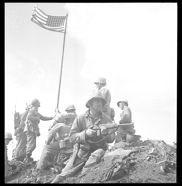 File:PFC James Michels (foreground with rifle) after Flag Raising, February 1945.jpg