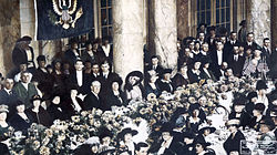 President Woodrow Wilson hosting a luncheon to support the Versailles Treaty at the Garden Court of the Palace Hotel in 1919 Palace+wilson womenlunch.jpg