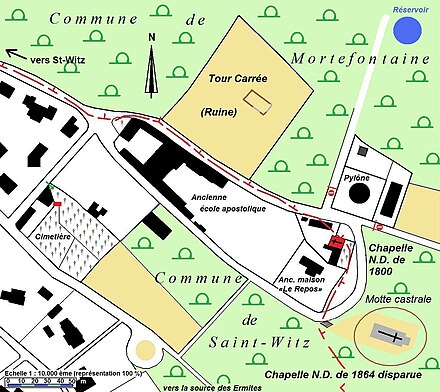 Plan de situation des éléments du patrimoine sur la butte de Montmélian, à Saint-Witz (95) et Mortefontaine (60)