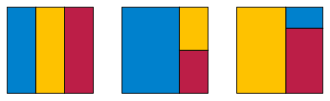 Three partitions of a square into similar rectangles, 1 = 3*
1/3 =
2/3 + 2*
1/6 =
1/r +
1/r +
1/r . Plastic square partitions.svg