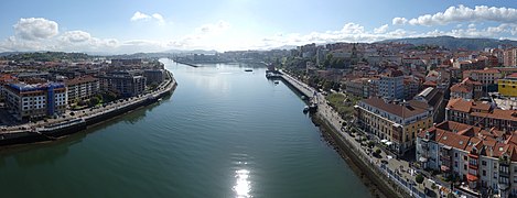 Looking south, from the bridge, Las Arenas to the left, the Estuary of Bilbao, and Portugalete to the right