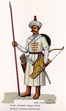Drawing of a Qizilbash soldier in white garment and with a typical red hat.
