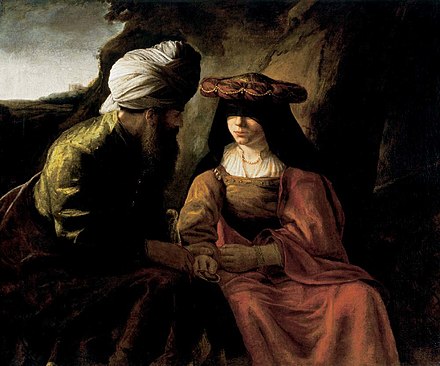 Judah (left) talking to Tamar (right) (1606–1669), by Rembrandt